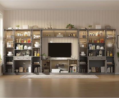 4-Piece Wall Unit TV Stand with Storage & LED Lights for TVs up to 75", Modern Entertainment Center with Bookshelves & 8-Door Pantry Cabinet, Gray