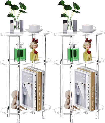 Clear Acrylic Narrow Side Table Set of 2 for Small Spaces, 15.75" L x 7.87" W x 24.6" H, 3 Tier Oval Slim End Table Nightstand, Small Skinny Bedside Table for Bedroom, Bathroom, Living Room