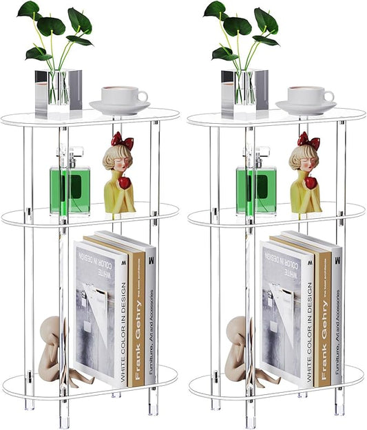 Clear Acrylic Narrow Side Table Set of 2 for Small Spaces, 15.75" L x 7.87" W x 24.6" H, 3 Tier Oval Slim End Table Nightstand, Small Skinny Bedside Table for Bedroom, Bathroom, Living Room