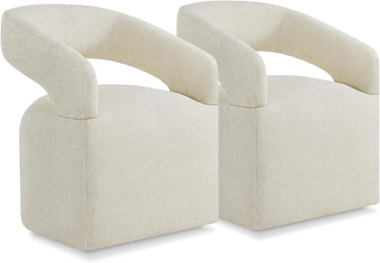 Upholstered Dining Chairs with Casters Easy Assembly Require Modern Barrel Armchair with Rollers for Diningroom Bedroom Livingroom Reading Room,Set of 2,Cream Beige