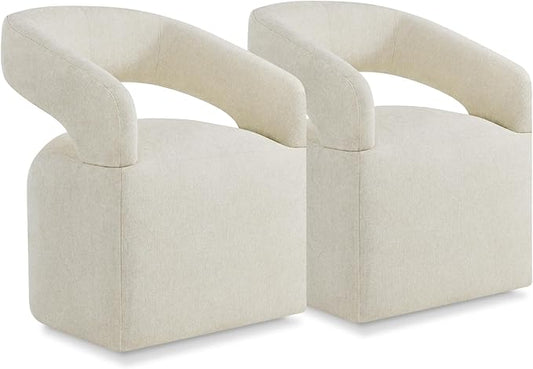 Upholstered Dining Chairs with Casters Easy Assembly Require Modern Barrel Armchair with Rollers for Diningroom Bedroom Livingroom Reading Room,Set of 2,Cream Beige