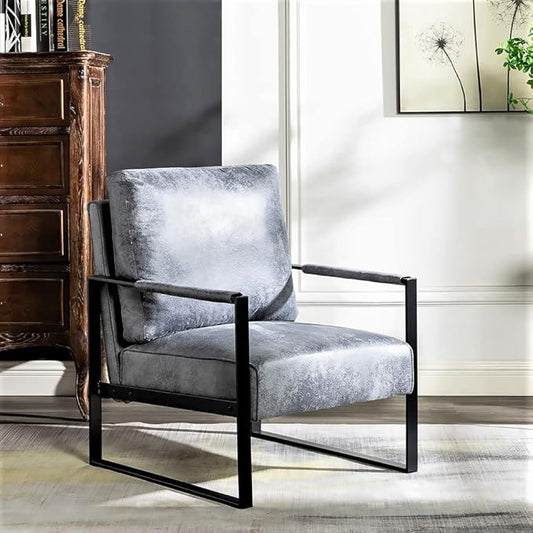 Container Furniture Classic Mid Century Modern Accent Chair with Durable Square Metal Frame, Armchair for Living Room, Bedroom, Home Office in Spotted Microfiber Upholstery, Grey