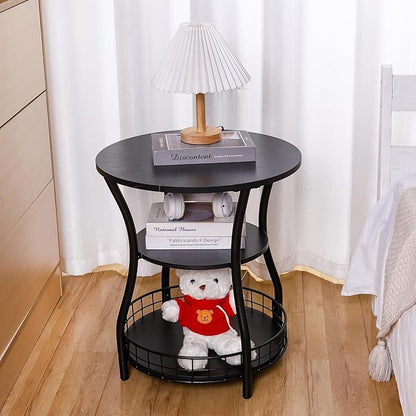 Round Side Table, 3-Tier Accent End Table with Storage Shelf, Corner Sofa Beside Table for Small Spaces,Nightstand with Metal Frame for Living Room, Bedroom (Black)
