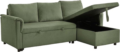 Ball & Cast Reversible Sectional Sofa Couch,L-Shape Sleeper Sofa Bed with Storage Chaise Pull Out Couch for Living Room | Hidden Storage | Pull Out Bed | Removable Backrest | Corduroy Fabric,Green