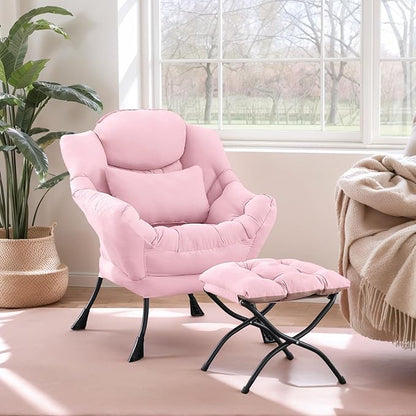 Lazy Chair with Ottoman, Modern Lounge Chair with Lumbar Pillow, Accent Cozy Reading Armchair and Folding Footstool for Bedroom, Dorm, Living Room,Pink