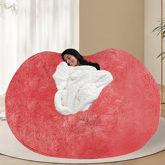BCU Oversized Bean Bag Cover Comfy Beanbag Chair for Adults Without Filler Faux Fur Floor Chair Lazy Sofa Cover Comfy for Living Room Chairs, Rose Red, 5FT