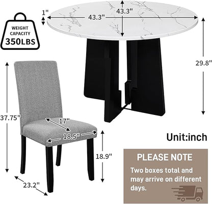 Merax 5-Piece Round Dining Table Set, Modern 4 Upholstered Chairs for Living,Kitchen Room, 43 Inch, White+Gray