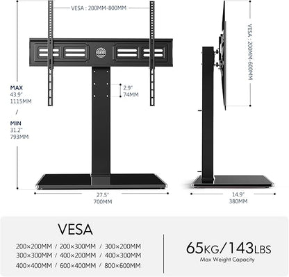 FITUEYES Universal TV Stand with Swivel Mount for 50-85 inch Flat Screens - Height Adjustable Tempered Glass Base Holds up to 143 lbs