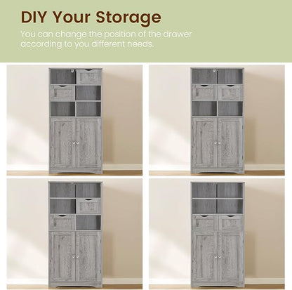 Iwell Tall Storage Cabinet with 2 Drawers & Adjustable Shelf, Bathroom Cabinet with Doors, Cupboard, Kitchen Cabinets for Living Room, Dining Room, Entryway, Grey