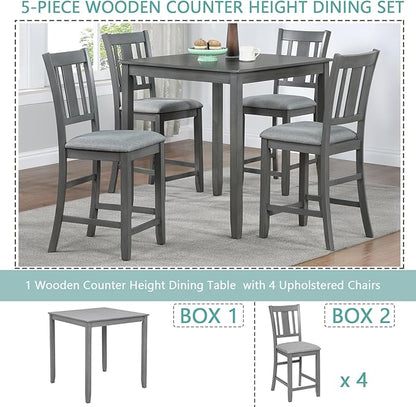 KEIKI 5-Piece Counter Height Dining Table Set with Square Table and 4 Upholstered Slatted Backrset Chair, for 4 Person, Modern Style Wooden Table Set, Easy Assembly, for Kitchen, Dining Room, Gray