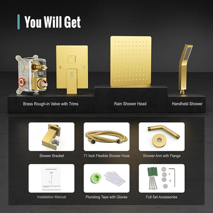 SR SUN RISE Shower System - Shower Faucet Set with 8 Inch Rain Shower Head and Handheld Shower - High Pressure Rain Shower System - All Metal Shower Faucet Trim Repair Kits - Brushed Gold