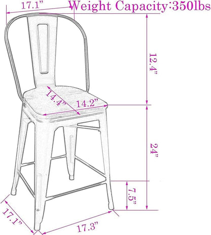 Changjie Furniture 24 Inches Metal Barstools Set of 4 Counter Height Bar Stools Industrial Stools with Backs High Back Chairs for Kitchen Island (24 Inch, Rusty)