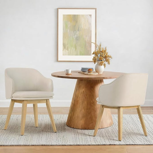 Wooden Dining Chairs Set of 2, Faux Leather Upholstered Modern Dining Room Chairs with Barrel Backrest & Double-Layer Thick Cushion for Living Room, Restaurant, Kitchen and Café, Beige