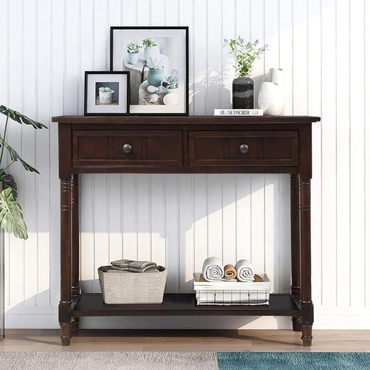 Merax Modern Wood Narrow Console Table for Entryway Hallway Front Door SideTable with Drawers and Bottom Shelf Espresso