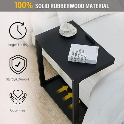CozyDH Adjustable C Shaped End Table, Rolling Side Table Solid Wood TV Sofa Tray Table for Couch Arm Eating Multi-Purpose, Small Coffee Table with Wheels Living Room Bedroom, Black