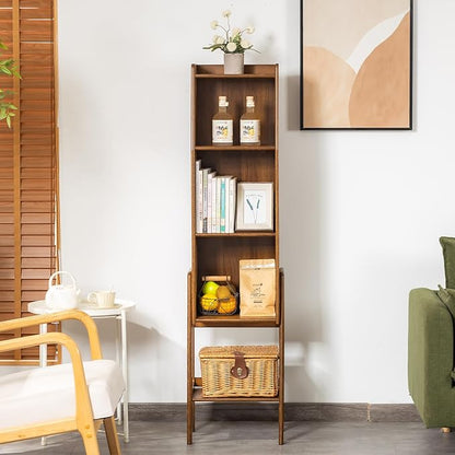 4 Tier Bamboo Bookcase, Classical Modern Bookshelf, Dispaly Shelves, Bamboo Wood Organizer Book Shelf for Living Room Home Office-Walnut, Large
