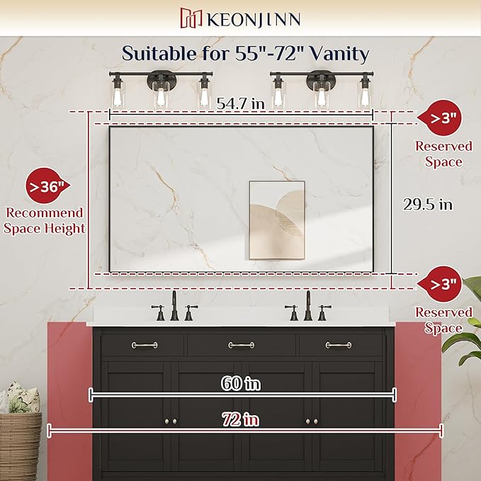 Keonjinn 55 x 30 in Brushed Silver Bathroom Vanity Mirror, Large Silver Framed Mirror for Over Sink, Metal Framed, Rectangle Square Corner, Modern Farmhouse Decorative(Horizontal/Vertical)