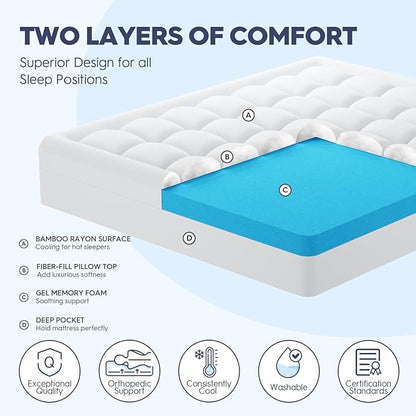 ELEMUSE Full XL Dual Layer 3 Inch Memory Foam Mattress Topper, 2 Inch Cooling Gel Memory Foam and 1 Inch Thick Soft Pillow Top Mattress Pad Cover for Back Pain Relief, Side Sleep Bed Topper