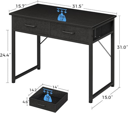 Casaottima 32 Inch Small Office Computer Desk with 2 Drawers & Headphone Hook - Compact Writing Desk for Home Office, Study or Work, Modern Space-Saving Design for Small Spaces, Black
