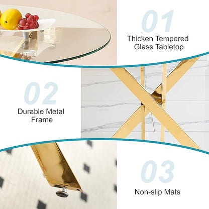 Dining Table for 4 Modern Round Dining Table 35.43" Kitchen & Dining Room Tables with Metal Legs and Glass Tabletop for Dining Room and Apartment, Gold