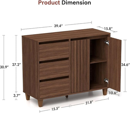 Redkey Fluted Sideboard Cabinet - Mid Century Modern Sideboard Buffet Cabinet with 3 Drawers - Buffet Table with Handle-Less Design for Kitchen Bedroom Dining/Living Room - Walnut