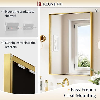 Keonjinn Brushed Shiny Gold Bathroom Mirror 22 x 30 Inch, Rectangle Gold Vanity Mirror for Wall, Aluminum Alloy Metal Framed, Modern Farmhouse, Square Corner, Brass Mirrors for Over Sink