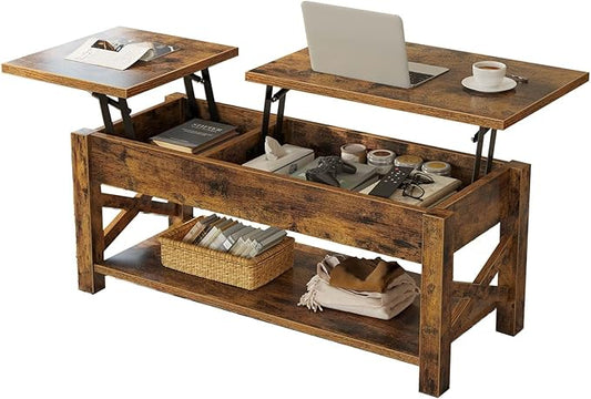 Rolanstar Coffee Table 47.2", 2 Way Lift Top with Hidden Compartment, Lift Top Coffee Table with Open Shelf & X Wooden Support, Center Table for Living Room, Rustic Brown