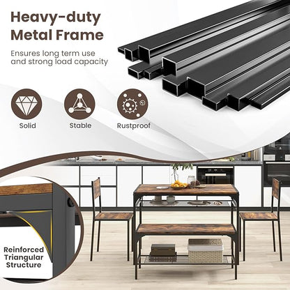 Giantex Dining Table Set for 4, Kitchen Table with Chairs & Bench, Storage Racks, Metal Frame, 4-Piece Space-Saving Dinette Set for Dining Room, Breakfast Nook, Small Space, Apartment,Rustic Brown