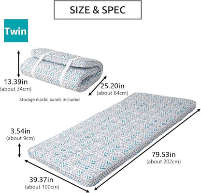 EMOOR Japanese Padded Futon Mattress Machi Twin Triangle-Gray (Shinsengumi Makoto), Gusset Foldable Storable Elastic Bands Floor Sleeping Guest Bed Tatami Mat
