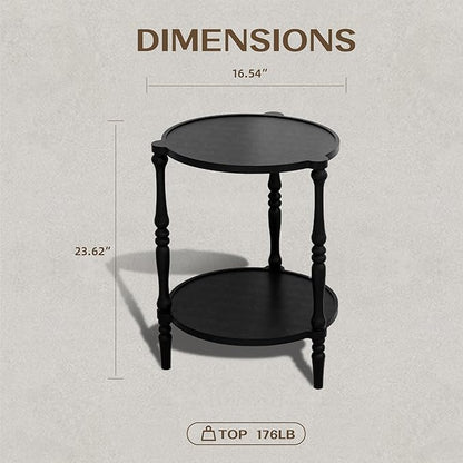 Accent Wood End Table, 2-Tier Round Bedside Table, Natural Side Table Nightstand for Family, Bedroom, Living Room, Handcrafted Finish, Black