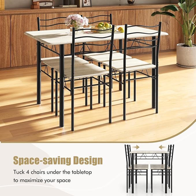 5 PCS Dining Table Set Counter Height Table and Chairs Set W/Steel Structure Dining Desk, 4 High Backrest Chairs & Anti-Slip Pads Dining Furniture Set for Kitchen and Restaurant(Beech Wood)