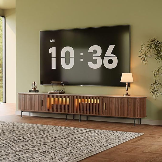 POVISON Fully-Assembled Mid Century Modern Black TV Stand with White Matte Travertine Stone Tabletop & LED Lights, Rolling Door Media Console, Wood TV Console for Living Room
