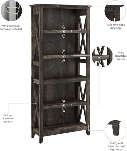 Bush Furniture Tall 5 Shelf Bookcase for Living Room or Home Office, Large Bookshelf, Modern Farmhouse Style, Key West Collection, Dark Gray Hickory