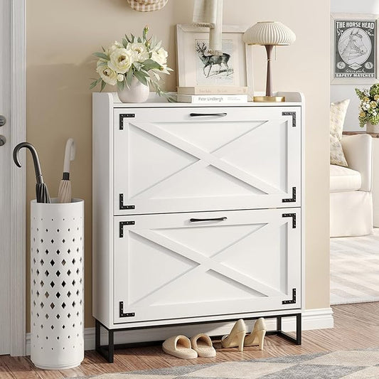 Maupvit Shoe Storage Cabinet with 2 Flip Drawers, Freestanding Organizer with Metal Legs for Entryway, Narrow Shoe Rack Cabinet, Black White