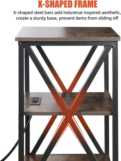Square End Table with Charging Station, 3-Tier End Table Living Room, 16" D X 16" W X 28" H, Wood and Metal Table with USB Ports and Outlets, Side Table with Wheels for Living Room, Bedroom, Kitchen
