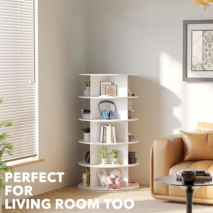 SpaceAid 5 Tier Rotating Shoe Rack Tower, Spinning Shoe Display Lazy Susan, Revolving 360 Shoe Rack Storage Round Carousel, Vertical Handbag Rotate Shoes Closet Organization (5-Tier White)