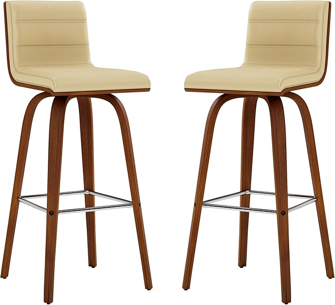 Vienna 30" Swivel Bar Stool in Walnut Wood Finish with Cream Faux Leather - Set of 2