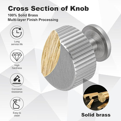 6 Pack Satin Nickel Cabinet Knobs, Solid Brass Drawer Pulls, Modern Kitchen Cabinet Handles for Cupboard, Wardrobe, Bathroom & Closet, Durable Cabinet Hardware