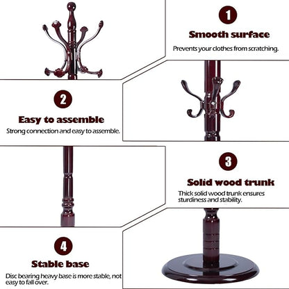 Coat Racks Free Standing with 14 Hooks, Natural Wood Coat Stands for Entryway, Adjustable Height 72 in Tree Coat Rack Stand for Hallway Home Office Bedroom (Mahogany Ruyi)