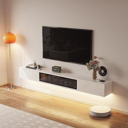 High Gloss Floating TV Stand,94'' Wall Mounted TV Console,Under TV Floating Shelf,Floating TV Cabinet with 3 Doors for Bedroom Living Room,White