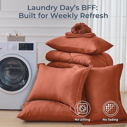 HEVUMYI Burnt Orange Cali-King Comforter Set - 7-Piece All Season Bed in a Bag Cali-King, Ultra Soft Bedding Set with Comforter, Flat Sheet, Fitted Sheet, Pillowcases, Pillow Shams