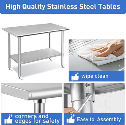 ROCKPOINT Stainless Steel Table for Prep & Work 24x60 Inches, NSF Metal Commercial Kitchen Heavy Duty Table with Adjustable Under Shelf and Table Foot for Restaurant, Home and Hotel