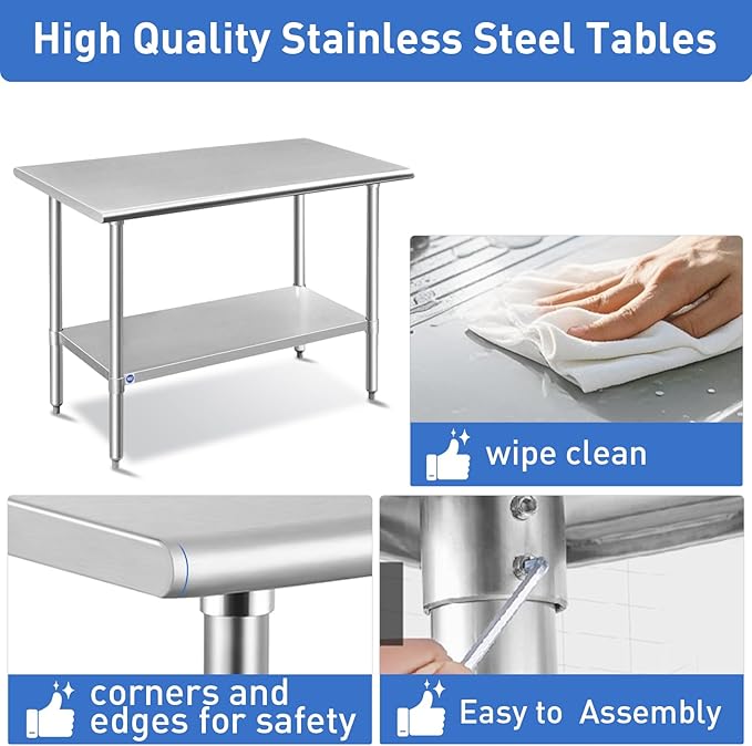 ROCKPOINT Stainless Steel Table for Prep & Work 24x72 Inches, NSF Metal Commercial Kitchen Heavy Duty Table with Adjustable Under Shelf and Table Foot for Restaurant, Home and Hotel