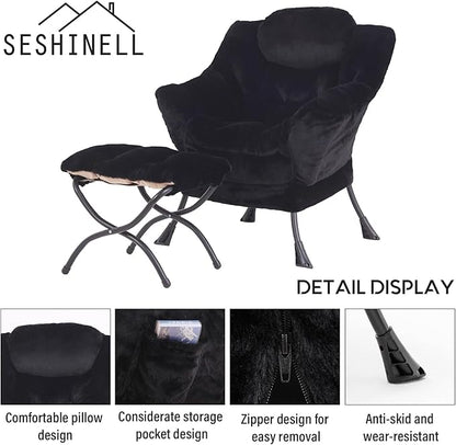 Lazy Chair with Ottoman, Modern Accent Chair Lounge Leisure Sofa Chair with Armrests, Reading Chair and Folding Footstool for Living Room, Bedroom, Office, Plush Black