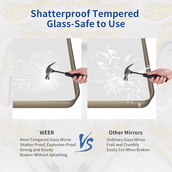 WEER 36x30 Inch Bronze Bathroom Mirror for Vanity, Brushed Bronze Metal Frame Mirror for Wall, Rounded Rectangle Bronze Frame Mirror with Tempered Glass, Anti-Rust (Horizontal/Vertical)