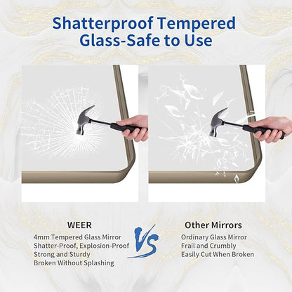 WEER 48x32 Inch Bronze Bathroom Mirror for Vanity, Brushed Bronze Metal Frame Mirror for Wall, Rounded Rectangle Bronze Frame Mirror with Tempered Glass, Anti-Rust (Horizontal/Vertical)