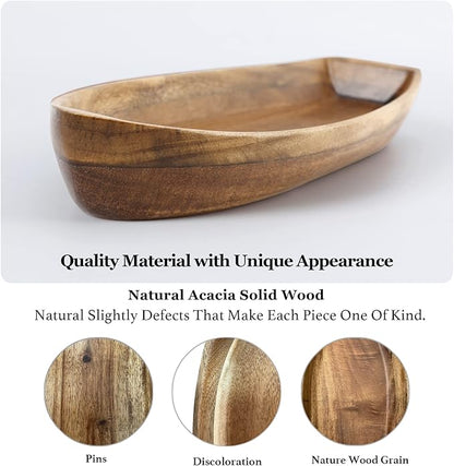 Lucky Boat Serving Tray, Acacia Solid Wood Boat Shape Plate for Serving Desserts, Fruit, Snack and Seafood or House Ornament,Key Tray,Functional and Storage Decorative Bowl。 (S)