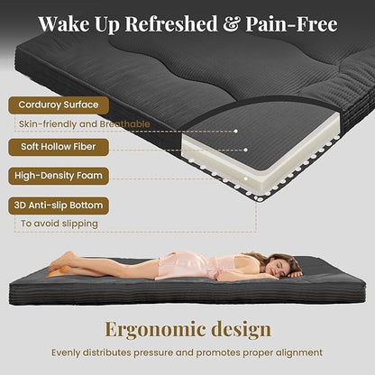 Japanese Floor Mattress, 4" Thicken Futon Mattress Full Size Sleeping Pad, Corduroy Foldable Floor Pad, Roll Up Tatami Mat for Adults Guest Room Bedroom, Grey