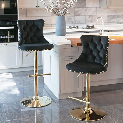 PacknWood Acosure Golden Swivel Velvet Barstools Adjusatble Seat Height from 25-33" with Comfortable Tufted,Modern Upholstered Chrome Base Bar Chairs,for Home Pub Kitchen,Black,Set of 2