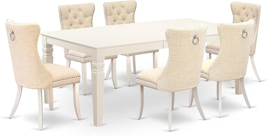 East West Furniture LGDA7-LWH-32 7 Piece Dinette Set Contains a Rectangle Dining Table with Butterfly Leaf and 6 Polyester Fabric Upholstered Chairs, 42x84 Inch, linen white